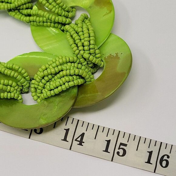 Lime Green Multi Strand Seed Bead Shell Statement Necklace Shell Dangle Earrings - Picture 6 of 9